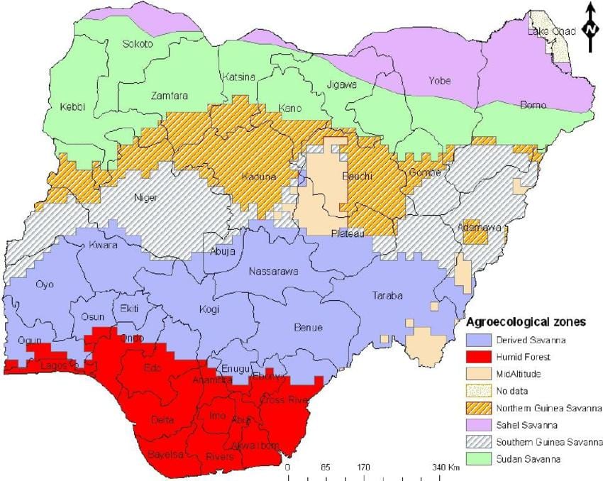 Kart over nigeria som viser økologiske soner