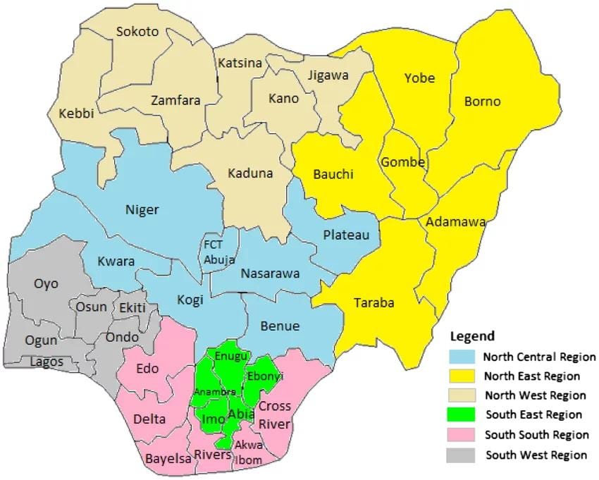 Kart over nigeria som viser den geopolitiske soner