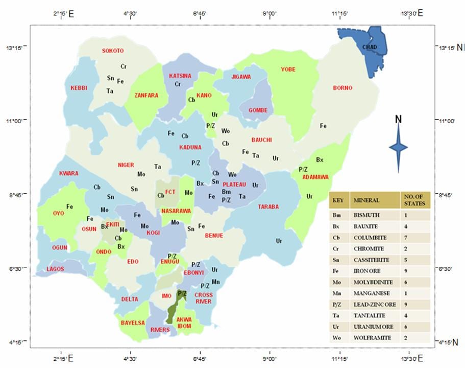 Kart over nigeria som viser mineralske ressurser