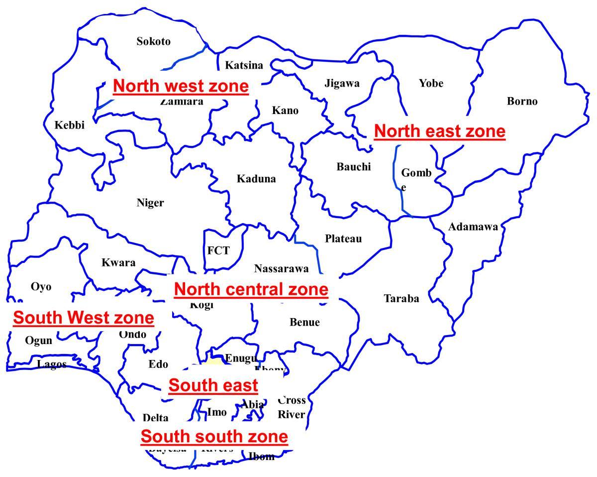 kart over nigeria viser seks geopolitiske soner