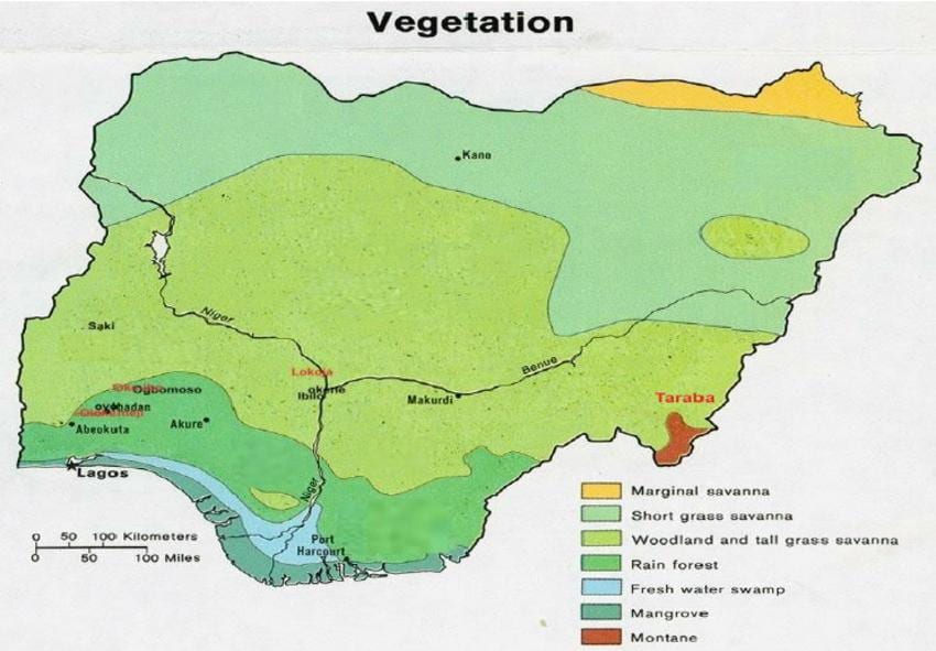 kart over nigeria som viser vegetasjon