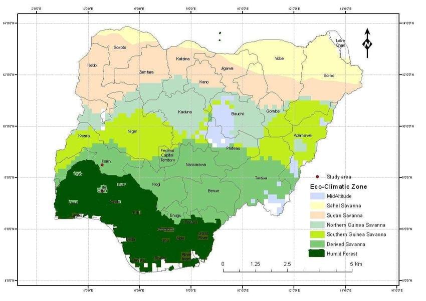 Kart over nigeria viser klimatiske sone