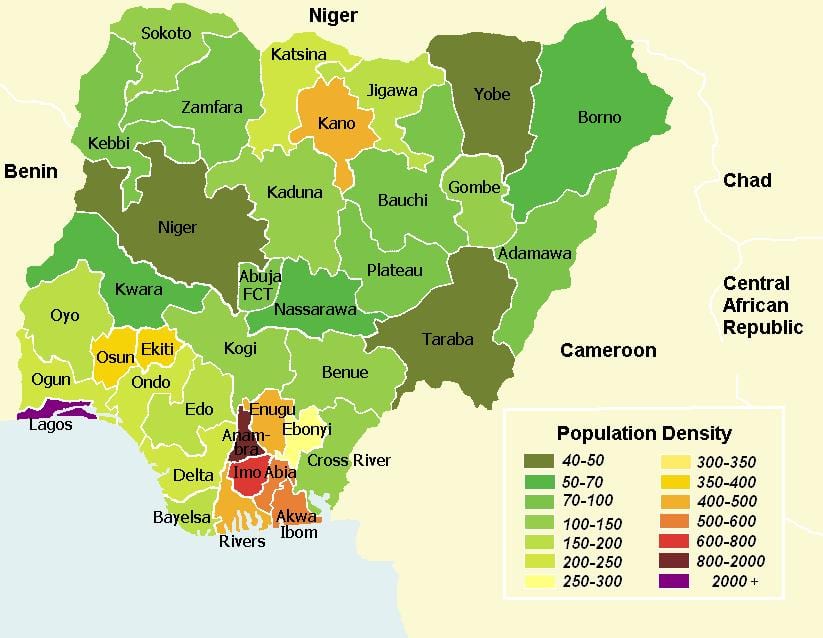 nigeria befolkningstetthet kart