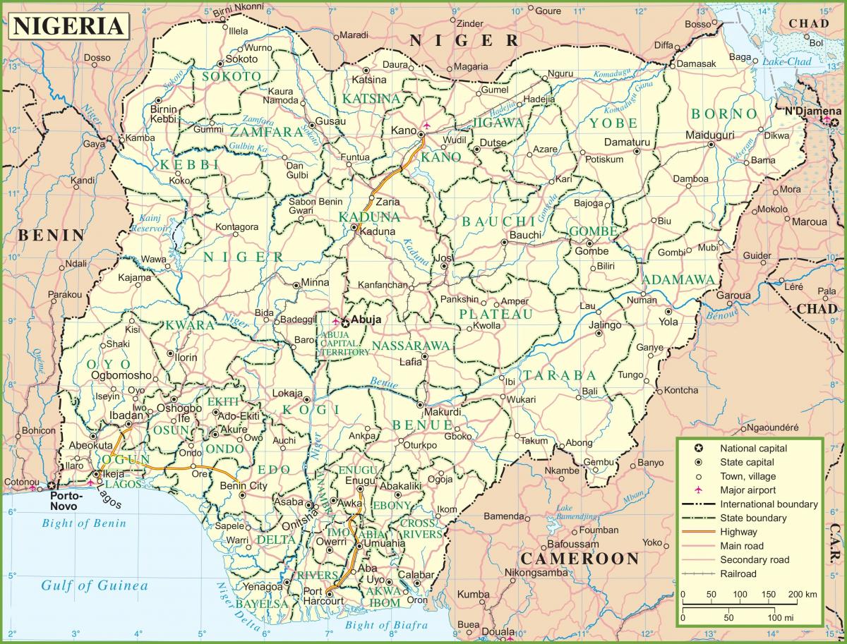 kart over nigeria viser større veier