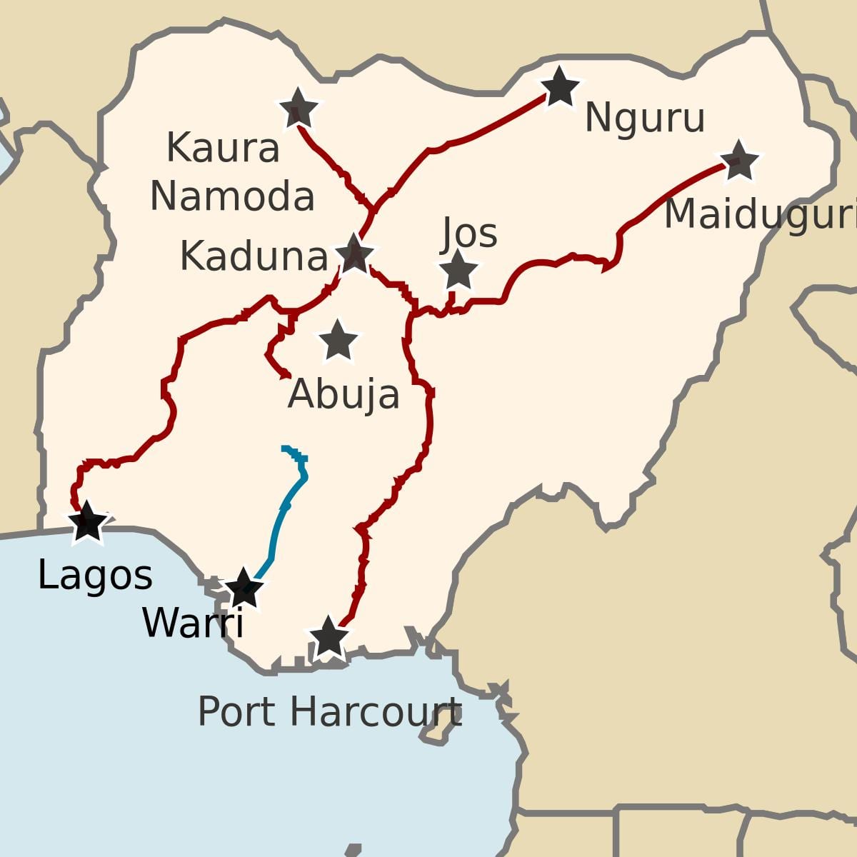 kart over nigeria viser jernbanelinjer