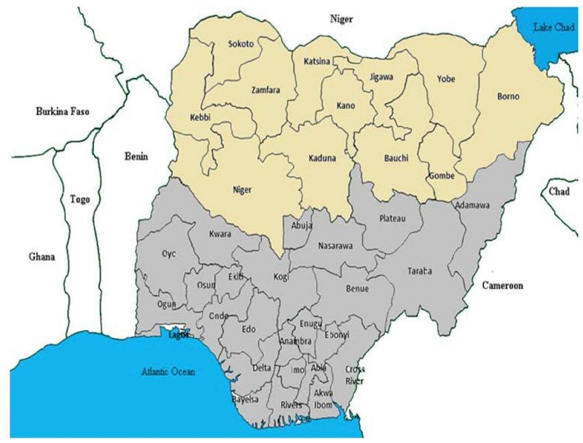 kart over nord-nigerianske stater
