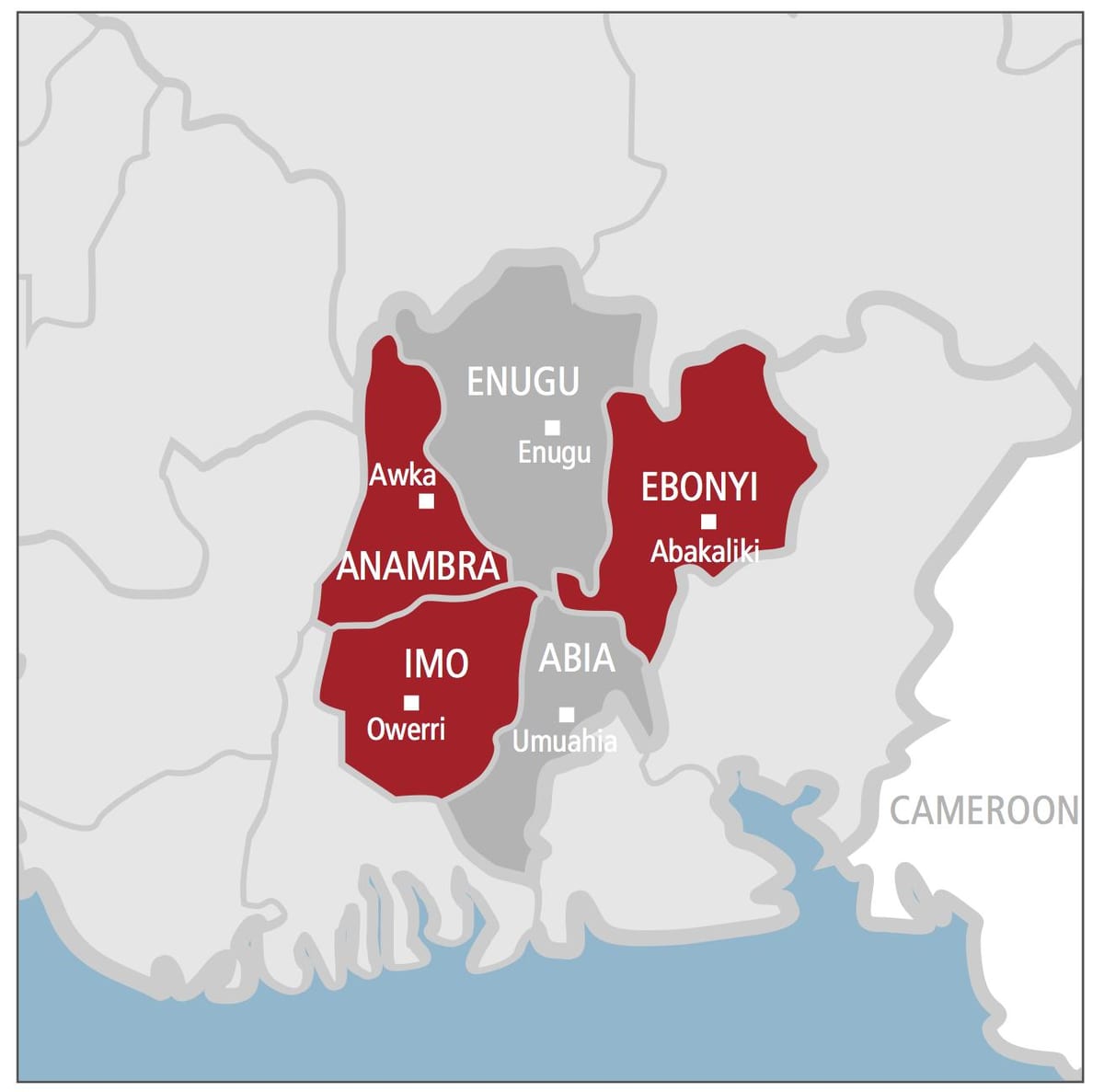 Kart over sør-øst-nigeria